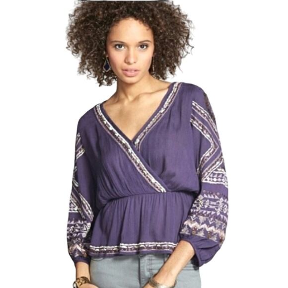 Free People Sequins Blouse Women Sz S Purple  Embroidered Long Puff Sleeves Boho - Picture 1 of 15